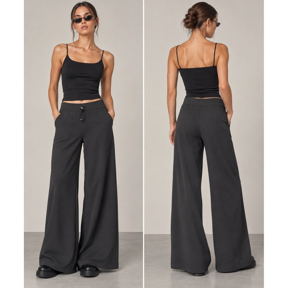 VTG 90s Y2K Express Wide Leg Pants Womens M Black Stretch Trouser Minimalist